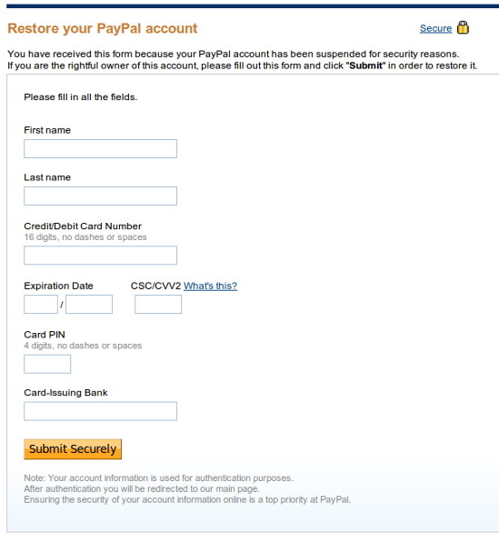 Fraud restore your PayPal account form