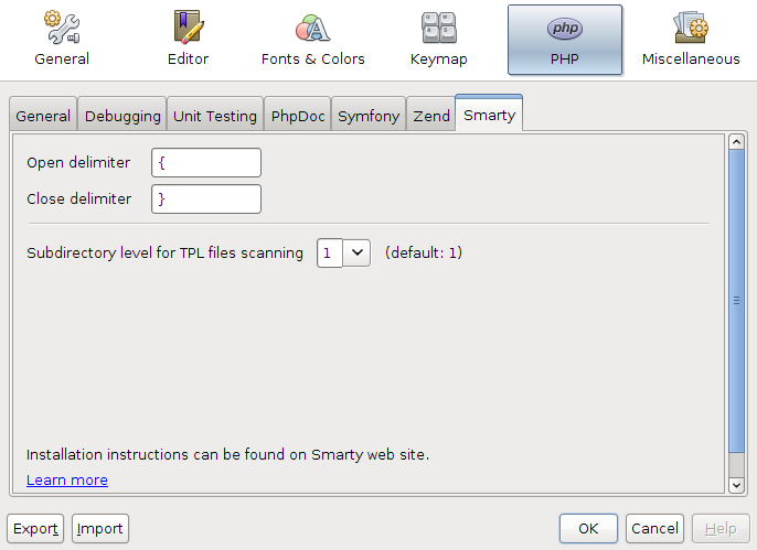 NetBeans for PHP 7.1 Beta Smarty template options dialog