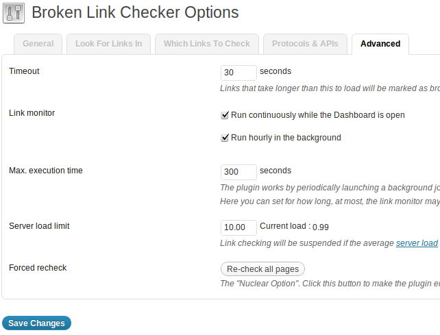 Broken link checker - Advanced Settings
