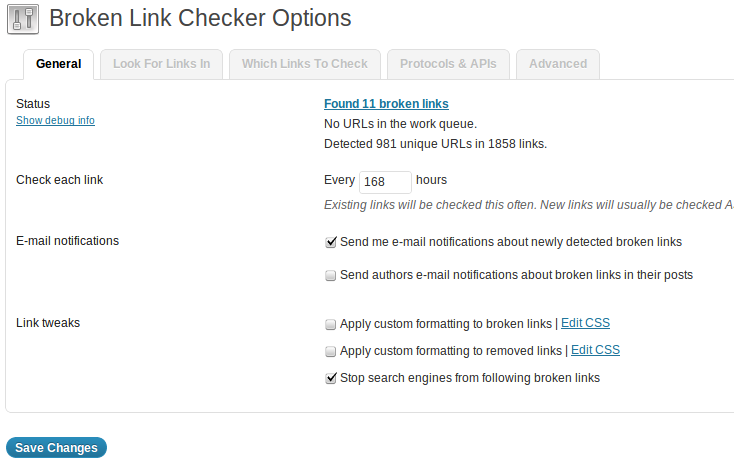 Broken link checker settings general